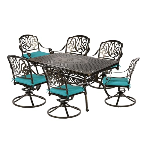 Image of MEETWARM 7-Piece Outdoor Patio Dining Set, All-Weather Cast Aluminum Patio Conversation Set for Backyard Garden Deck with 6 Cushioned Swivel Rocker Chairs, 1 Rectangular Table, Ocean Blue