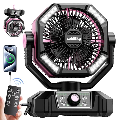 Image of coldSky 𝟮𝟬𝟬𝟬𝟬𝗺𝗔𝗵 Camping Fan with Dual Motor, Battery Operated Fan with 4 LED Lantern, 8 Speeds Desk Fan with Remote, Portable Outdoor Fan with Hook for Tent, Power Outages, Jobsite (Pink)