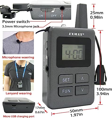 EXMAX ELGT-470 Sistema inalámbrico de transmisión de voz con 100 canales para turismo y conferencias (2 transmisores 30 receptores + estuche de carga de 32 ranuras) miniatura 7