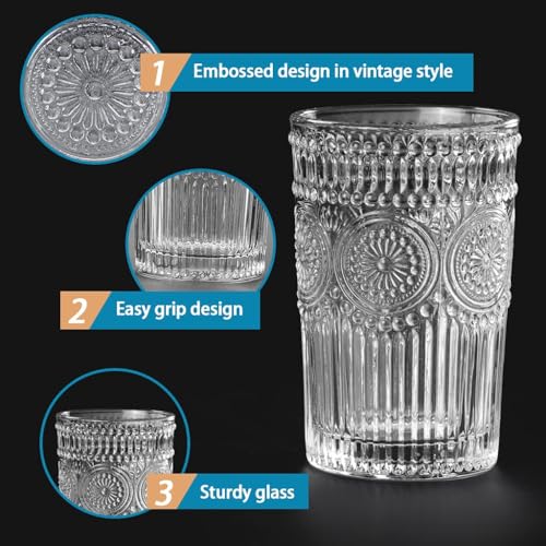 Image of WRINGO 280ml Italian Premium Juice Glasses and Transparent Water Glass Medium Size Tumbler Glasses for Drinking Water and Cocktails, Diamond Design Glass Water Glass Set of 6 (Flower, Set of 6)