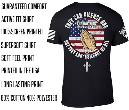 Charlie Kirk Memorial by Warrior USA T-Shirt, American Flag Design, Screen Printed in USA, 60% Cotton 40% Polyester, Black3
