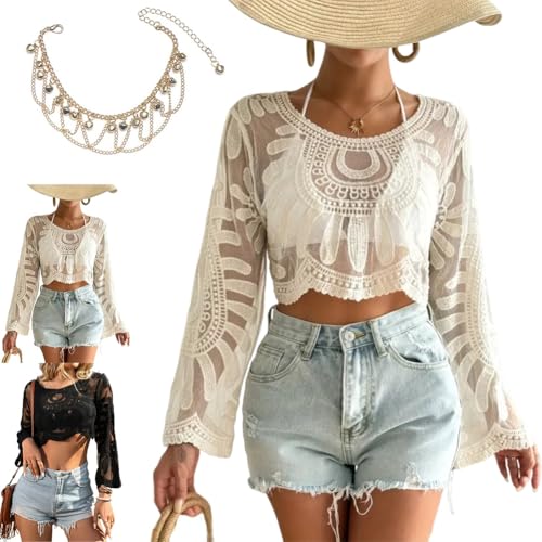 Women's Floral Embroidered Semi-Sheer Cover Up Long Sleeve Round Neck Boho Lace Top for Women Sheer Beach Coverup Mesh Design