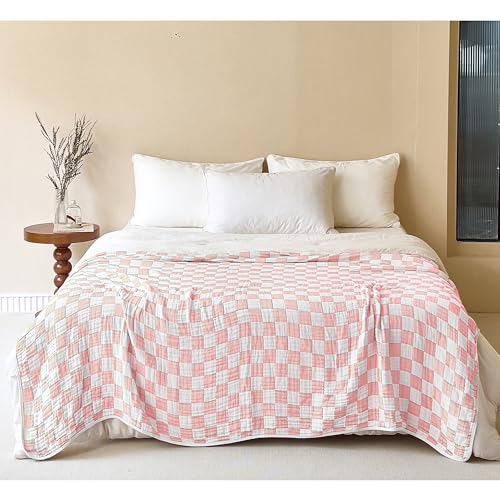 Image of SANACYNA 100% Cotton Muslin Throw Blanket 6-Layer Gauze Pink Checkered Bed Blanket Lightweight Soft Breathable Cooling Blanket for Sofa Couch Both Sides (Pink Checkerboard, Throw 50 inchx60 inch)