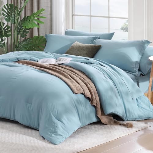 Image of King Size Comforter Set- 7 Pieces Prewashed Bed in a Bag King Bedding Sets | Soft All Season Comforter with Sheets, Pillow Shams & Pillowcases, Blue