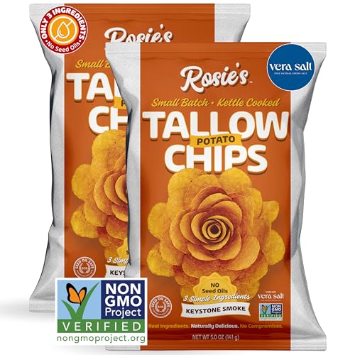 Rosie’s Keystone Smoke Beef Tallow Chips – Kettle Cooked Potato Chips in Grass Fed Beef Tallow – Naturally Grown Potatoes with Vera Salt – Seed Oil Free Snacks – 5oz Bags (2 pack)