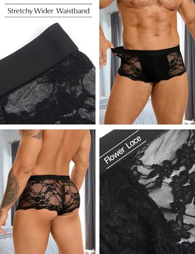 ohyeah Mens Sexy Lace Underwear Low Waist Boxer Briefs with Pouch Breathable Briefs Mesh Trunks Lingerie Underpants Fit S-XXL2
