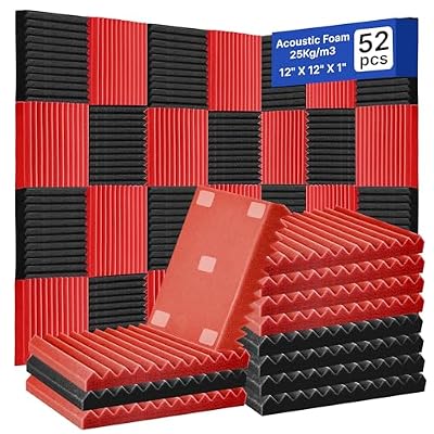 TDHLYJHF 52 Pack Acoustic Foam Panels,1" x 12" x 12" Acoustic Wedge Studio Foam Sound Absorption Wall Panels (BLACK/RED)
