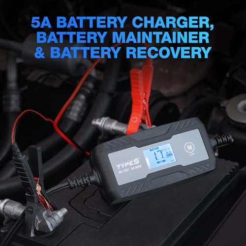 Image of Type S 5A Smart Battery Charger & Maintainer - 6V & 12V Automatic Car Battery Charger for Cars, Trucks, Motorcycles, Boats, ATVs, Lawn Mowers, RVs - Lead-Acid, AGM, Gel, LiFePO4 Batteries