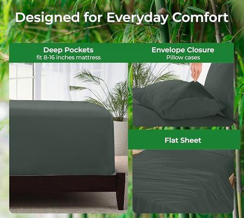 Image of Royale Linens Bamboo Viscose Queen Sheet Set - Cooling Bed Sheet Set - 1 Fitted, 1 Flat & 2 Pillowcase - Fits Up to 16 inch - Organic Viscose Derived from Bamboo - Bedding Sheet & Pillowcase (Queen, Grey)