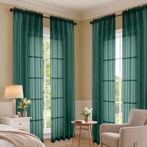 Image of Hunter Green Bedroom Curtains 2 Panel Sets 96 Inch Length, 59 Inch Extra Wide Light Filtering Voile Drapes Light Airy Window Drapes for Patio Door Living Room Bedroom Dining, 59Wx96L Inches