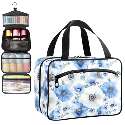 YNNALE Sewing Supply Organizer Bag, Light Blue and White Poppy Flowers Portable Sewing Bags with Pockets&Hanger, Sewing Storage Box Case for Sew Supplies/Kit/Tools/Accessories (BAG ONLY)