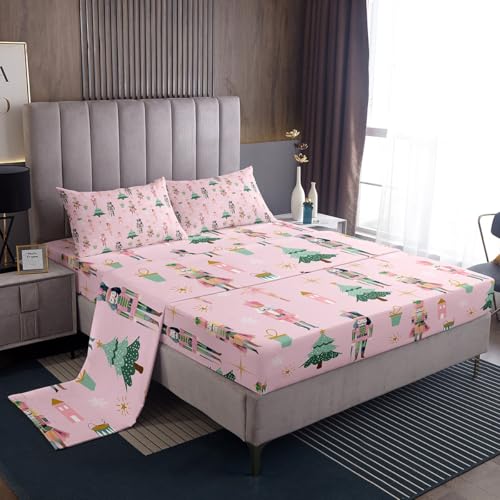 Feelyou Pink Christmas Bed Sheets Set Full Size Kids Nutcracker Sheets with Deep Pocket Fitted Sheet for Boys Girls Teens Christmas Tree Sheet Set Breathable Xmas Bedding Set Snowflake Bed Set