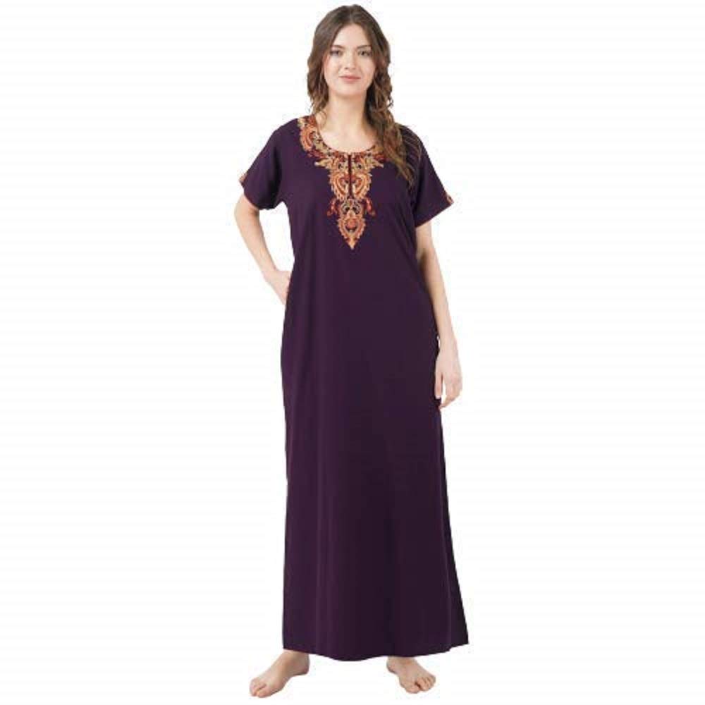 Women's Lissybissy Cotton Resham Embroidered A-Line Nighty/Night Gown Maxi – Soft, Breathable Fabric, Wine | Comfortable, Elegant, Made in India-image-33