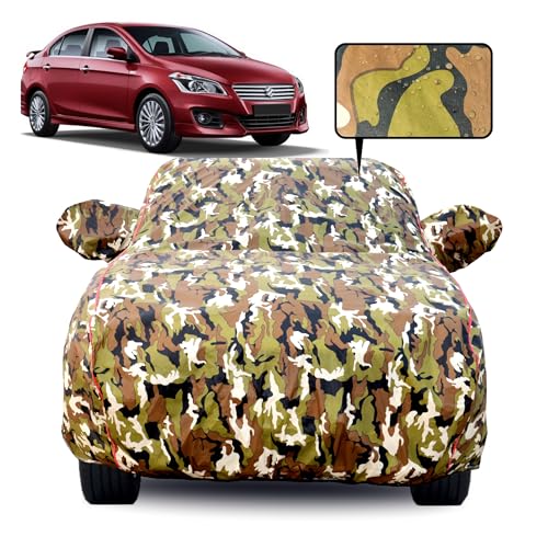 Image of Waterproof Car Body Cover for Maruti Suzuki Ciaz with Mirror Pocket, Soft Cotton Lining, Triple Stitched, Full Bottom Elastic (Heat Resistant Jungle Print with Red Piping)