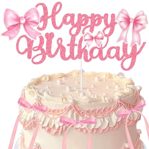 Pink Bow Cake Topper Bow Cake Decorations Happy Birthday Bow Knot Cake Topper for Baby Shower Girl Princess Coquette Birthday Decorations