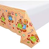 Christmas Plastic Tablecloth - 3-Pack 54 x 108-Inch Rectangular Disposable Table Cover, Perfect for Holiday Buffet Banquet or Picnic Tables, Festive Gingerbread Design, Beige and White, 4.5 x 9 Feet