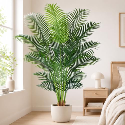 Image of Artificial Palm Tree 6.2ft Tall Fake Palm Tree Indoor Decor with 18 leaves and Real Bark Design Faux Tropical Areca Palm Silk Floor Plant in Pot for Home Office Living Room Bedroom Decor 1pcs