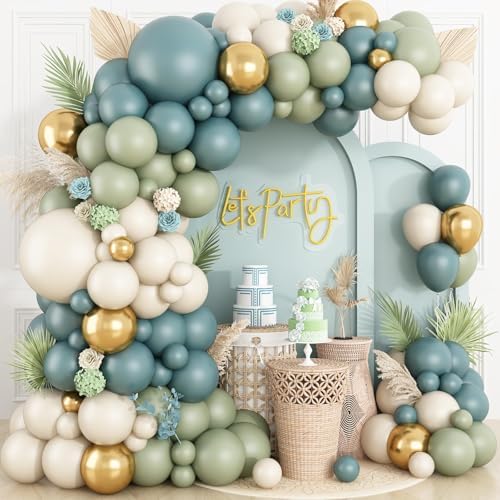 Dusty Green Blue Arch Kit,Boho Balloon Garland with Blue and Green Metallic Gold White Sand Balloons for Baby Shower Neutral Birthday Jungle Safari Wedding Party Decorations