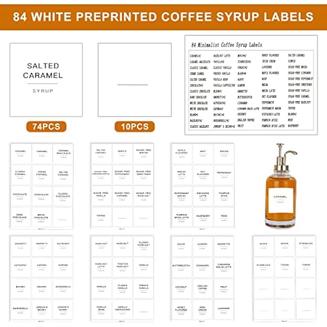 84 Pieces Pantry Labels, Self-Adhesive Labels for Food Containers, Minimalist Waterproof Kitchen Food Labels Preprinted Jar Labels for Storage Bins Coffee Station Syrup Dispenser Labels Blank Labels
