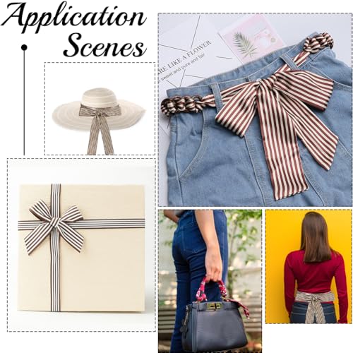 Brown White Striped Skinny Scarf Belt Fashion Satin Silk Purse Bag Neck Scarfs Silky Long Thin Ribbon Band Hair Head Scarves Waist Belts Necktie for Women Gifts Handbags Costume Accessories4