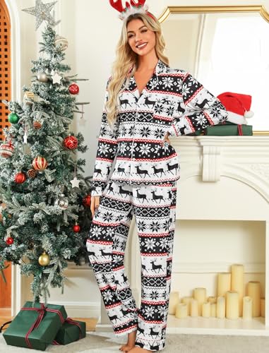 ENJOYNIGHT Couples Christmas Pajamas Sets Long Sleeve Sleepwear 2-Piece Pjs Set Button-Down Loungewear Comfy Nightwear2
