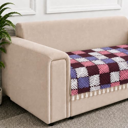 Image of STITCHNEST 'Frostvine Collection' 3 Seater Sofa Cover| Cotton Quilted Fabric, Decorative Tassels, Washable & Durable for Modern Living
