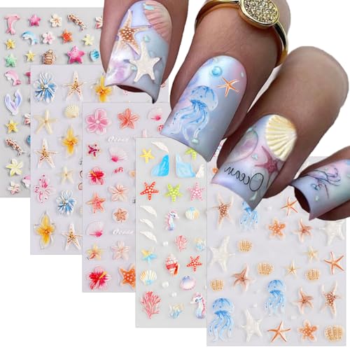 5 Sheets 5D Ocean Nail Stickers Embossed Hawaiian Hibiscus Flower...