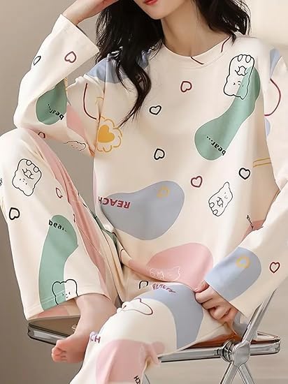 Image of Women's Pajama Set with Top & Pants|| Korean Night Wear|| Loose Fit Home Wear || Lightweight Printed Set || Soft & Comfy Girls & Women