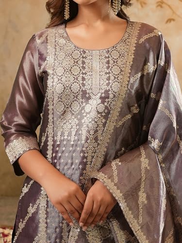 Image of INDO ERA Women's Purple Silk Blend Woven Design Straight Kurta and Pant with Dupatta Set (IESTR5599)