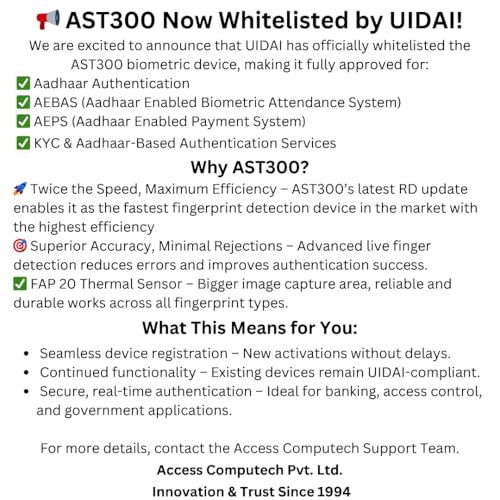 Image of Access AST300 FAP20 Thermal Sensor Fingerprint Scanner, UIDAI & STQC L1 Certified for Aadhaar Use, USB Interface