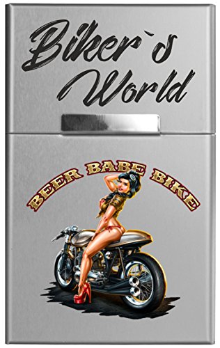 Leichtes Zigarettenetui aus Aluminium mit Magnetverschluss - für 20 Standard-Zigaretten - mit hochwertigem farbigen Aufdruck - Biker´s World Sexy Bikerbabe Cover