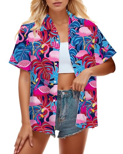 Image of SANGTREE Girls & Women's Hawaiian Shirts Button Down Short Sleeve Floral Tropical Shirt Beach Vacation Blouse Tops