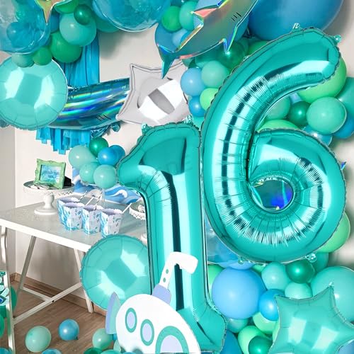 Image of Teal Blue Number 16 Balloons 40 Inch 16th Birthday Anniversary Theme 5 Pcs | Big Helium Mylar Digital Balloon Mermaid Wedding Party Decor Supplies