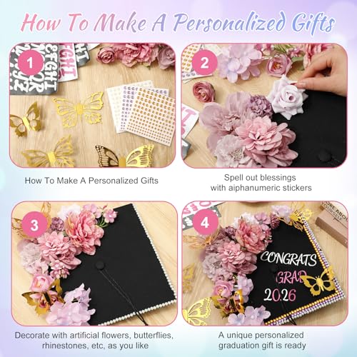 JarThenaAMCS 2026 Graduation Cap Decoration Kits Faux Assorted Flowers 3D Butterfly Stickers Pearl Rhinestone Alphabet Letter Number Decals for Congrats Grad Cap Topper DIY Party Supplies,Pink Purple — view 3
