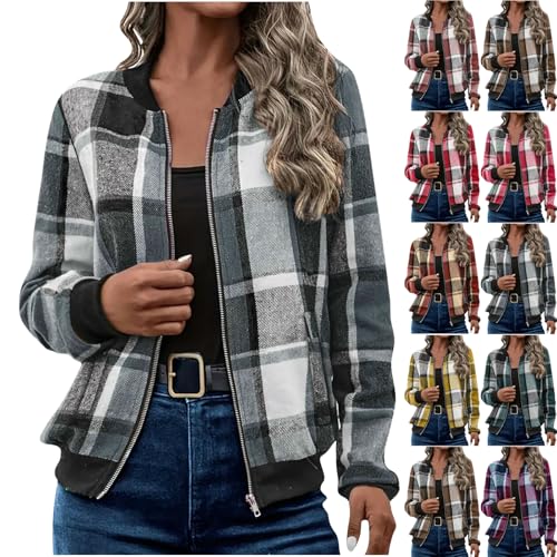 Womens Shacket 2025 Zip Up Plaid Flannel Jacket Casual Baggy Long Sleeve Fall Outwear Cardigan Coat Fashion Outfit
