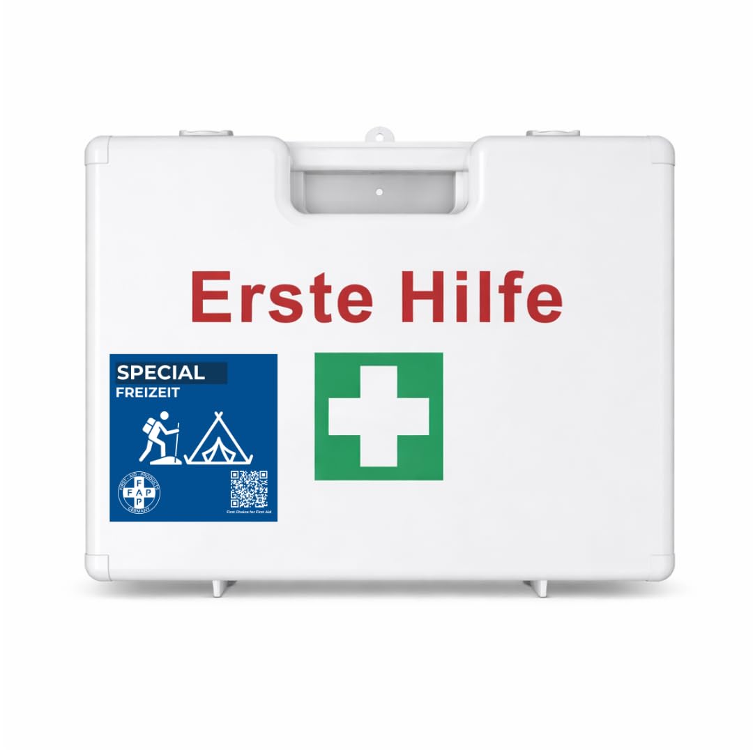 FAP Erste-Hilfe-Koffer Freizeit DIN 13157 gefüllt - Weiß | Burngel & Beatmungstuch | Camping Jugendherberge Pfadfinder Ferienlager Verein Outdoor Camp, Betriebsverbandkasten Wandhalterung -33×42×15 cm