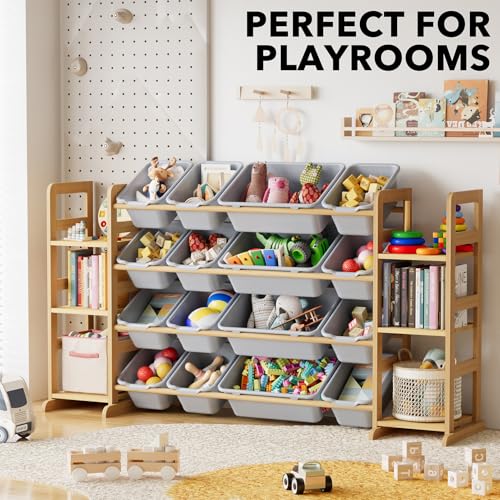 Image of SpaceAid Toy Storage Organizer with 6 Shelves and 16 Bins, Toy Organizers Storage Bookshelf, Kids Bin Shelf Toys Box Bookcase for Bedroom Playroom Organization Room Decor, Neutral Gray