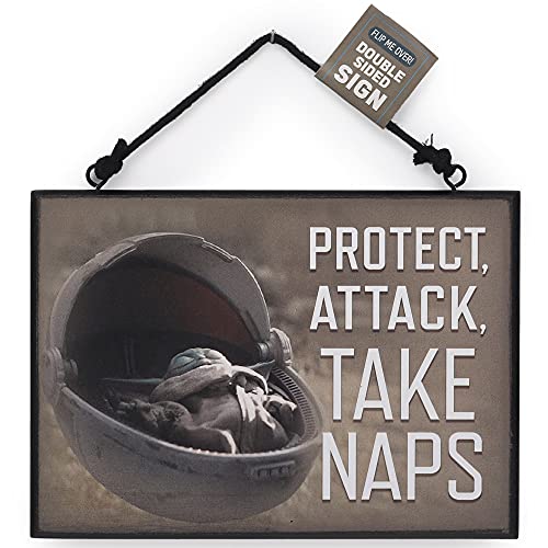 Image of Disney Star Wars Baby Yoda Double-Sided Hanging Sign - Baby Yoda Nursery Decor - Protect, Attack, Take Naps