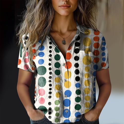 Linen Blouses for Women Casual 2025 Women Cotton Shirt Printed V Neck Button Down Shirts Casual Tops Short Sleeve3