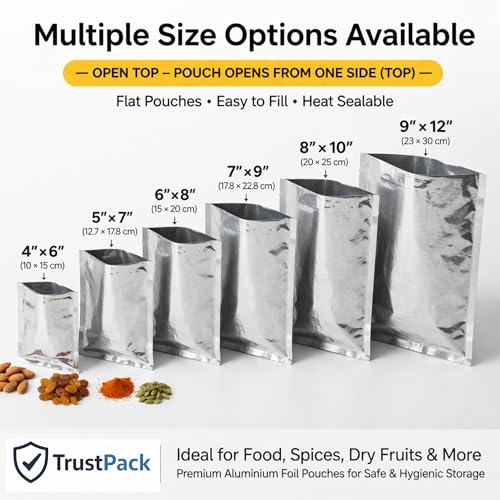 Image of TrustPack Aluminium Foil Bags | Heat Sealable Flat Pouch for Food Packaging | Mylar Bags | Silver Moisture Proof food Storage Bags for Tea, Coffee & Snacks (Pack of 100)(4x6)
