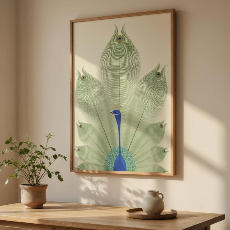 Image of Livin'luxe Peacock Feather Wall Painting with Wooden Color Synthetic Frame | Minimalist Peacock Artwork HD UV Laminated MDF Wall Decor | Elegant Bird Nature Wall Art for Living Room Bedroom Decor