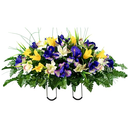 Sympathy Silks Artificial Cemetery Flowers - Grave Decoration - Yellow Tulip and Purple Iris (1) Headstone Saddle