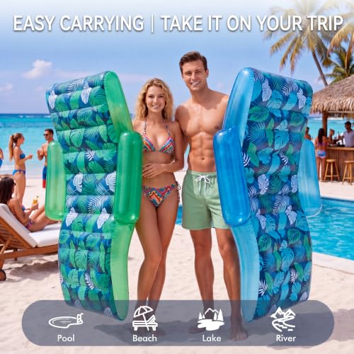 Image of Foilswirl 2 Pack Giant Inflatable Pool Floats for Adults,70 x 59 Inch Heavy Duty Pool Rafts with Backrest and Armrests Oversized Floating Lounge Chairs for Beach Lake River Summer Parties (Blue Green)