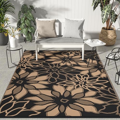 GENIMO Outdoor Rug Waterproof for Patio Decor, 6' x 9' Reversible Plastic Straw Floral Camping Carpet, Large Area Rugs Mats for RV, Camper, Deck, Balcony, Porch, Beach, Picnic, Black & Brown