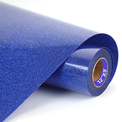 HTVVETUR Glitter HTV Vinyl Rolls Heat Transfer Vinyl - 12 x 9ft Glitter Blue HTV Vinyl for Shirts Iron on Vinyl for Cameo - Easy to Cut & Weed for Heat Vinyl Design (J005 Glitter Royal Blue-9ft)