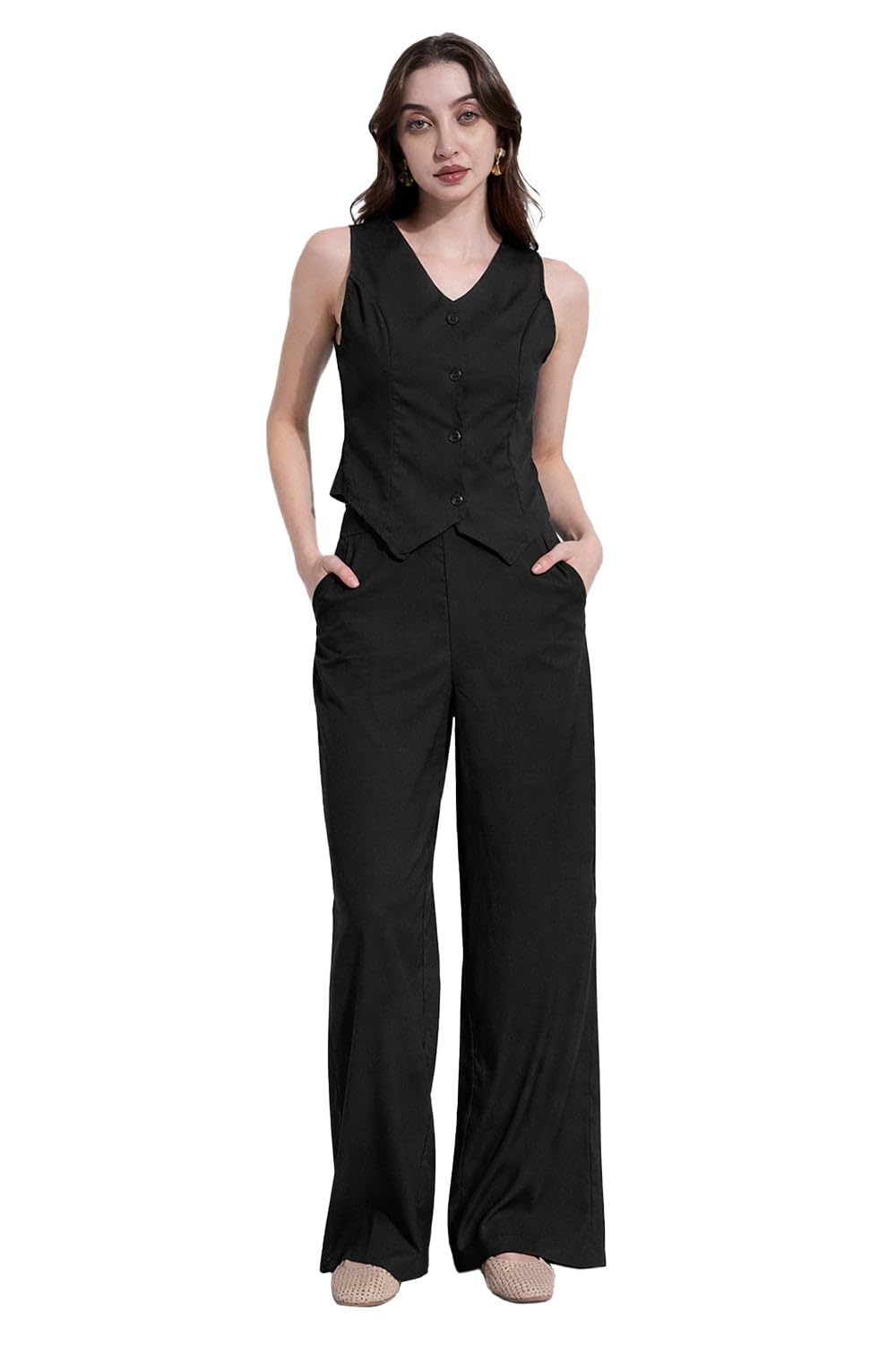 showoffff Women Solid Two-Piece Co Ords | V Neck Sleeveless Cotton Co-Ords for Womens | Mid-Rise Regular Fit Co-Ord for Women's-picture-18
