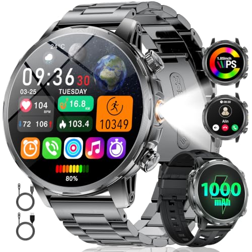 LIGE Reloj Inteligente Hombre 1.85' HD Pantalla Grande, 1000 mAh Batería, Linterna LED, Smartwatch con 100+ Modos Deportivos, Impermeable IP68, 2 Correas + Cable USB y Type-C (Gris Negro)
