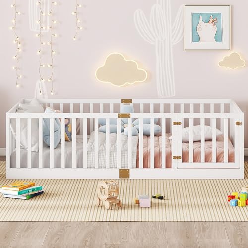 Image of Bellemave Twin Size Kids Montessori Floor Bed Frame with Door and Slats,Solid Wood Floor Bed Frame with Slats and High Fence for Kids,Girls,Boys,White