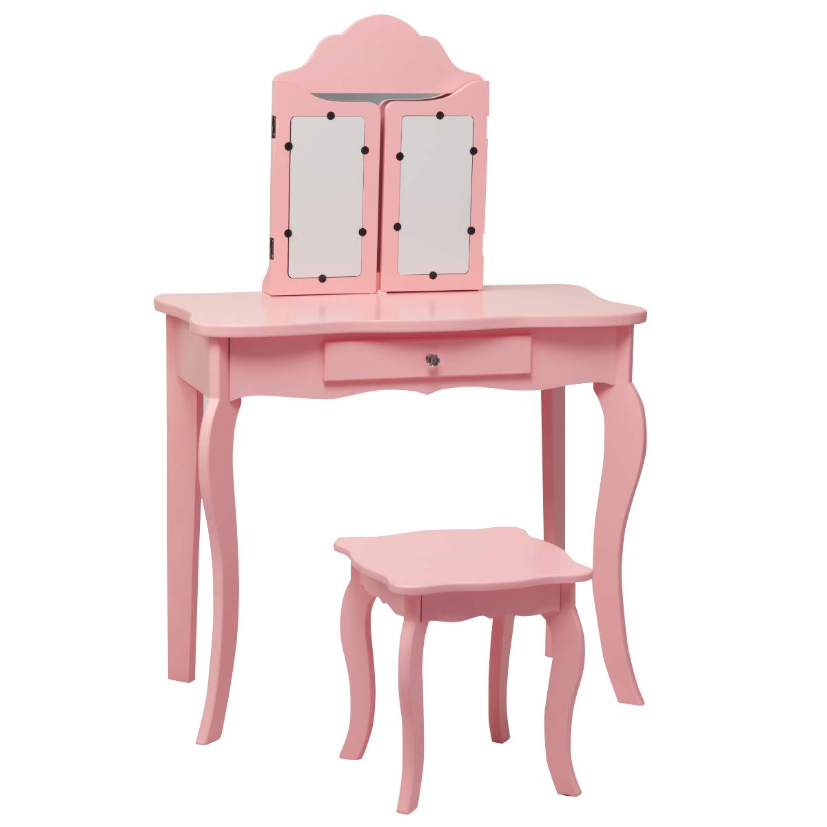 GOPLUS Kinder Schminktisch mit 3 Klappbaren und Abnehmbaren Spiegel, Frisiertisch, Kindertisch aus Holz, 1 Hocker, 1 Schublade, inkl. Haarseilset, für Mädchen, im Schlafzimmer (Rosa)