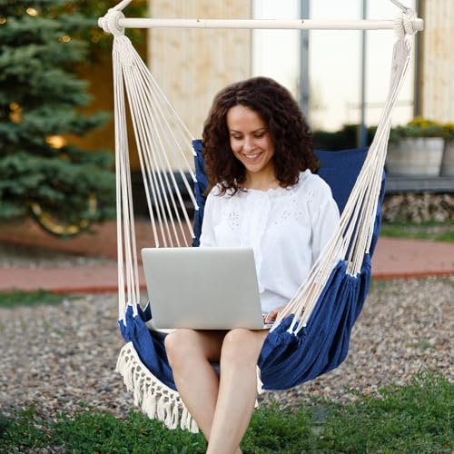 Image of Chihee Hammock Chair Foot Rest 2 Cushions Max 500lbs Metal Spreader Bar | Robust Hanging Chair Soft Cotton Blended Swing Collapsible Easy Storage Strong Strap Iron Carabiner Pocket Indoor Outdoor